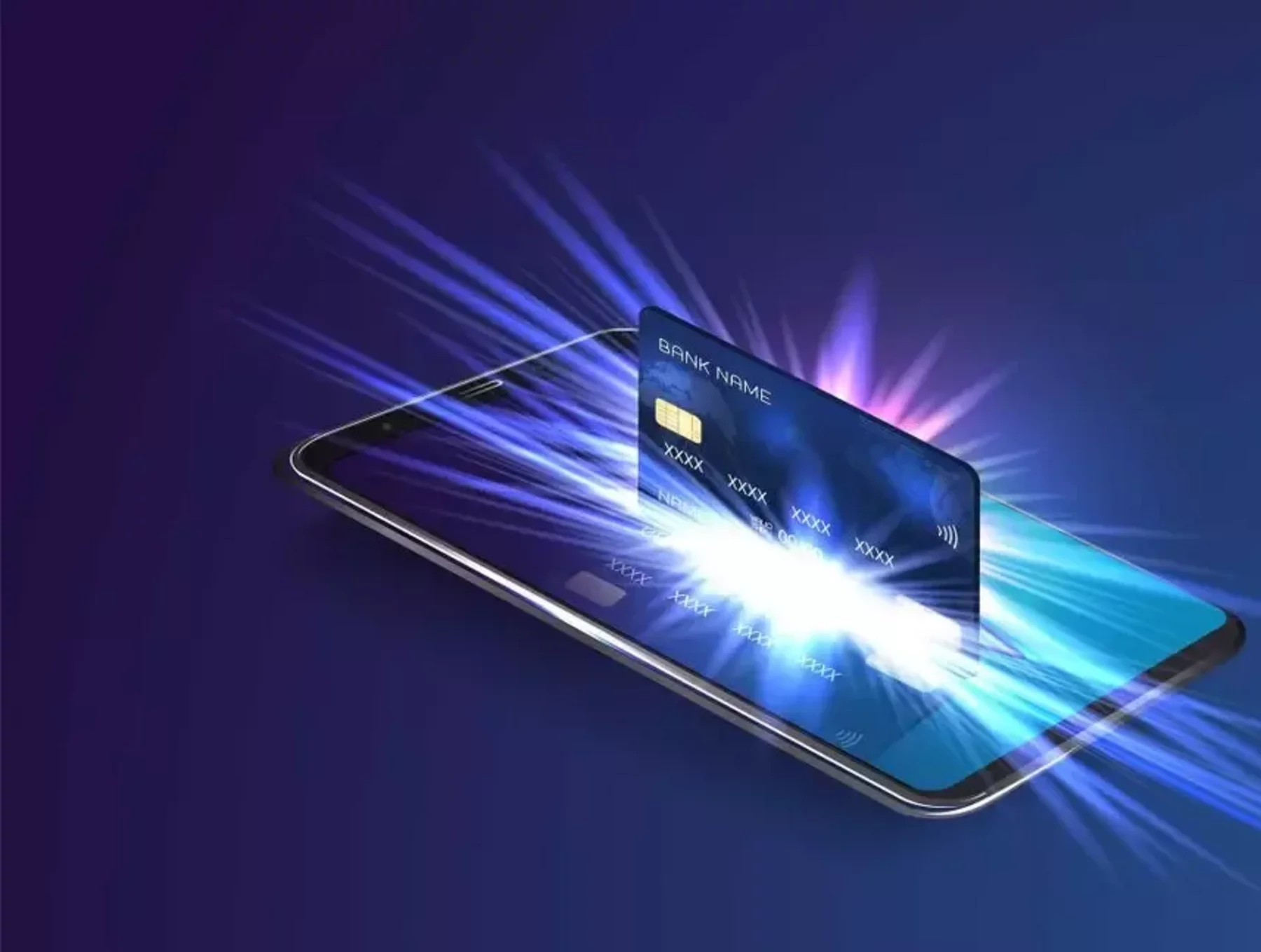 A digital illustration of a physical bank card emerging from a smartphone screen.