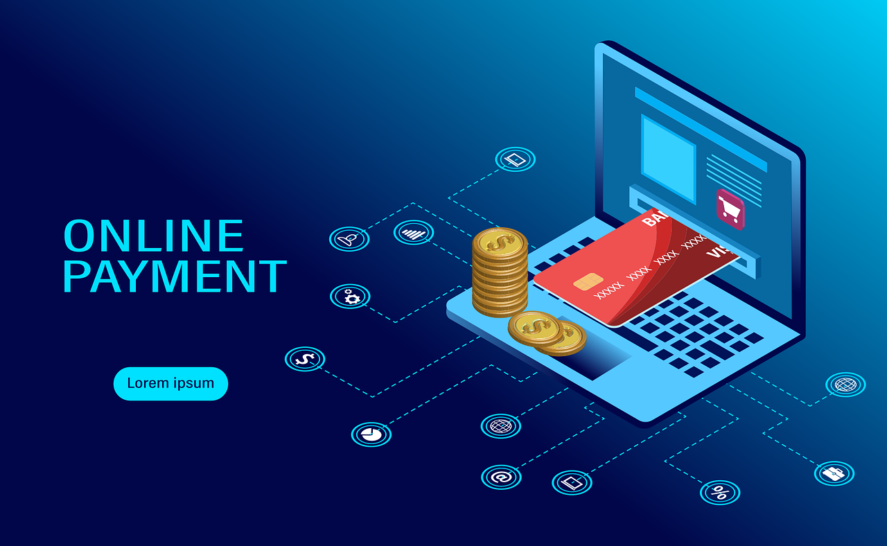 Illustration of online payment with a credit card, coins, and a laptop.