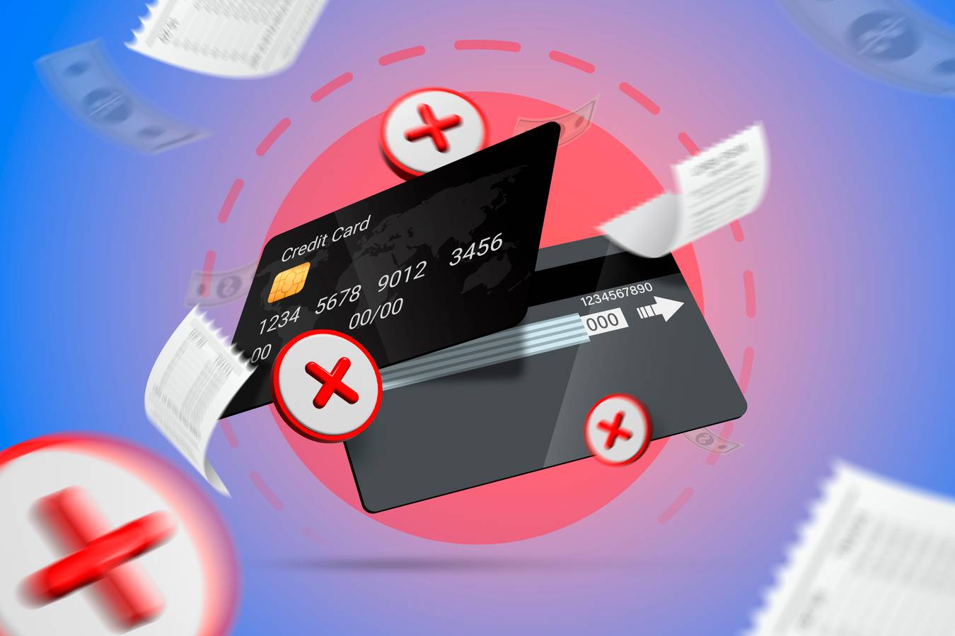 Credit card with error symbols showing failed online payment or transaction issue
